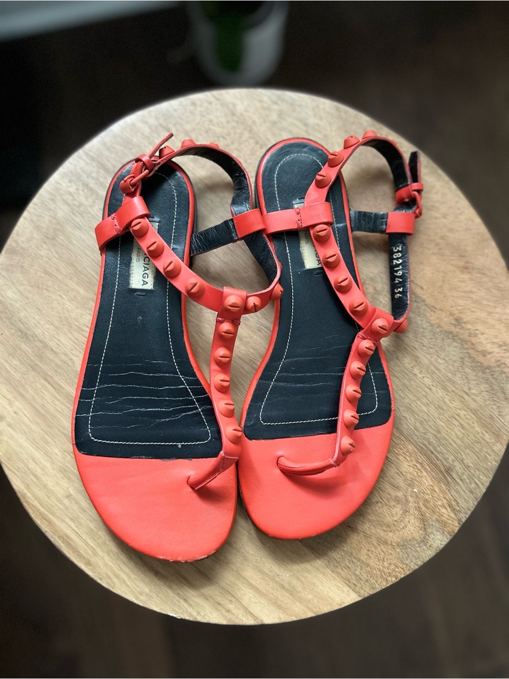 Balenciaga Red Stud-Trim T-Strap Sandals